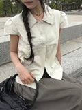 Lambs Button Collar Shirred Puff Blouse Shirt