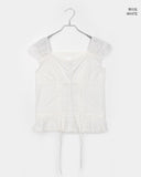 Kyohi Ribbon Pintuck Lace Short Sleeve Blouse