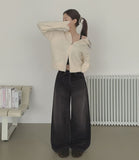 Brushed Hem Snap Jogger Wide Denim Pants