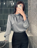 Luan Satin Pintuck Pearl Tie Blouse