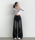 Cut V-Line Washing Vintage Wide Balloon Denim Pants