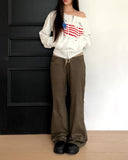 Burnoon American Flag Strap One Off Shoulder Long Sleeve Zip-up