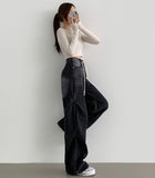 Knee Side Pin Tuck Balloon Waist Adjustment Wide Fit Denim Pants