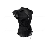 Rib Unbalanced Button Sheer Blouse