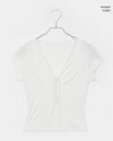Dyeing V-neck Ribbon See-through Short Sleeve T-shirt
