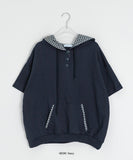 Hakanji Check Color Matching Button Hood Short Sleeve Tee
