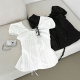 Balloon Soft Fit Ribbon Strap Short Sleeve Blouse