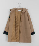 Tikoy check color matching duffel quilted hood wool half coat