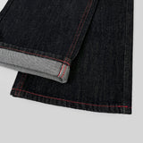 Raw Unique Red Stitch Heart Point Embroidery Wide Denim Pants