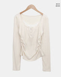 Dew Lace Loose Fit Button Shirring Long Sleeve T-Shirt
