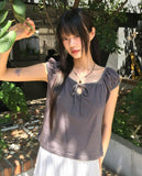 Aceh Dot Shirring Ribbon Cap Sleeve Short Sleeve T-Shirt