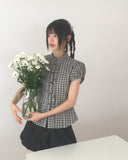 Chili Check Frill Puff Short Sleeve Blouse