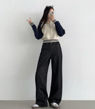 Raw autumn non-fade banding casual wide denim pants