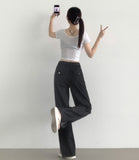 Back Pocket Non-Fade Summer Cooling Banding Hem Slit Wide Denim Pants