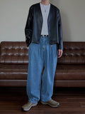 Collarless Crop Leather Jacket