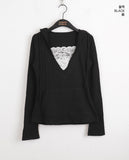 Rti Vintage V-neck Lace Hood Long Sleeve T-shirt