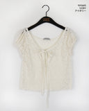 [MADE] T-pole rose see-through button strap puff short-sleeved cardigan