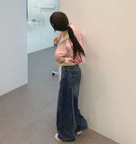 Two-Pocket Back Pocket Curved Cut Line Wide Denim Pants