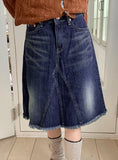 Barmmet Vintage Washing Slit Half-Length Midi Denim Skirt