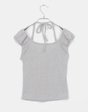 [Fake Layered] Jaden Eyelet Ribbon Halter Neck Shirring Puff Sleeveless
