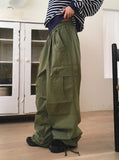 Zler Y2K Cargo Ribbon Two-Way Banding Cotton Long Jogger Wide Pants