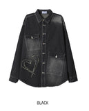 (UNISEX) Big Pocket Heart Patch Denim Overshirt JK