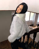 Hoa color matching hooded zip-up fur jacket