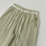 Frill Stripe Vacation Look Summer Wide Banding Pants