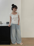 [A/M] Ruched Side Pintuck Washing Wide Denim Pants