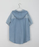 Rinta Stripe Color Matching Denim Hood Short Sleeve Shirt