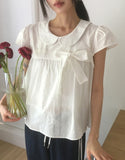 Darling round collar check ribbon blouse