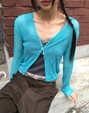 Sewn V-neck see-through button crop cardigan