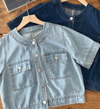 Lydia No Collar Denim Short Sleeve Jacket