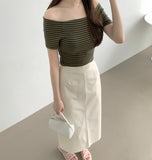 Stripe Span Off-shoulder Slim Fit Basic Length Short Sleeve T-shirt