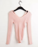 Atter strap deep V-neck slim ribbed crop long sleeve knit