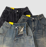 Cargo Pocket Washing Cut Line Wide Fit Denim Pants