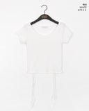 Dessa Back Slit Ribbon Ribbed U-Neck Short Sleeve T-Shirt