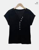 Skew Button V-Neck Short Sleeve Knit