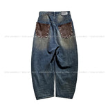 Late Back Leather Pocket Denim Pants