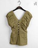 Blon V-Neck Shirring Pleated Puff Short Sleeve Blouse