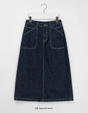 Metaca stitch pocket slit denim long skirt
