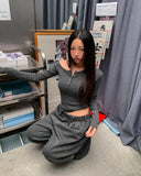 Tees Rib Button Unbalance Shoulder Long Sleeve