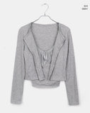 Sera Shirring Lace Ribbon Crop Long Sleeve Sleeveless Cardigan Set