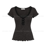 [Scarf SET] Mocha Lace Ribbed Short Sleeve Set