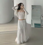 Lovely Lace Ribbon Punching Sleeveless Cardigan Set