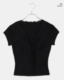 Dyeing V-neck Ribbon See-through Short Sleeve T-shirt