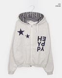 [Brushed Lining] Skin Star Print Stripe Color Matching Two-Way Loose Fit Hood Zip-Up