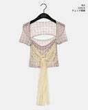 Botte Lace Ribbon Back Slit Checkered Mesh Short Sleeve T-shirt