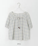 Shuya round check ribbon short sleeve blouse