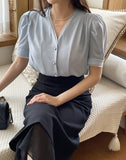 Shawang chiffon color matching shirring short sleeve blouse